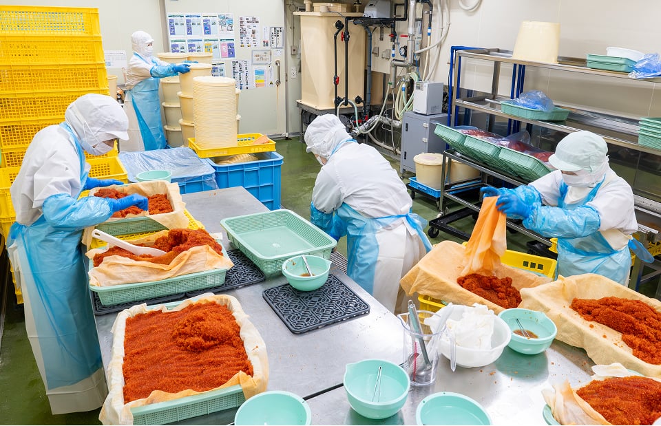 複数人で水産加工品の仕込みを行う工場内の様子